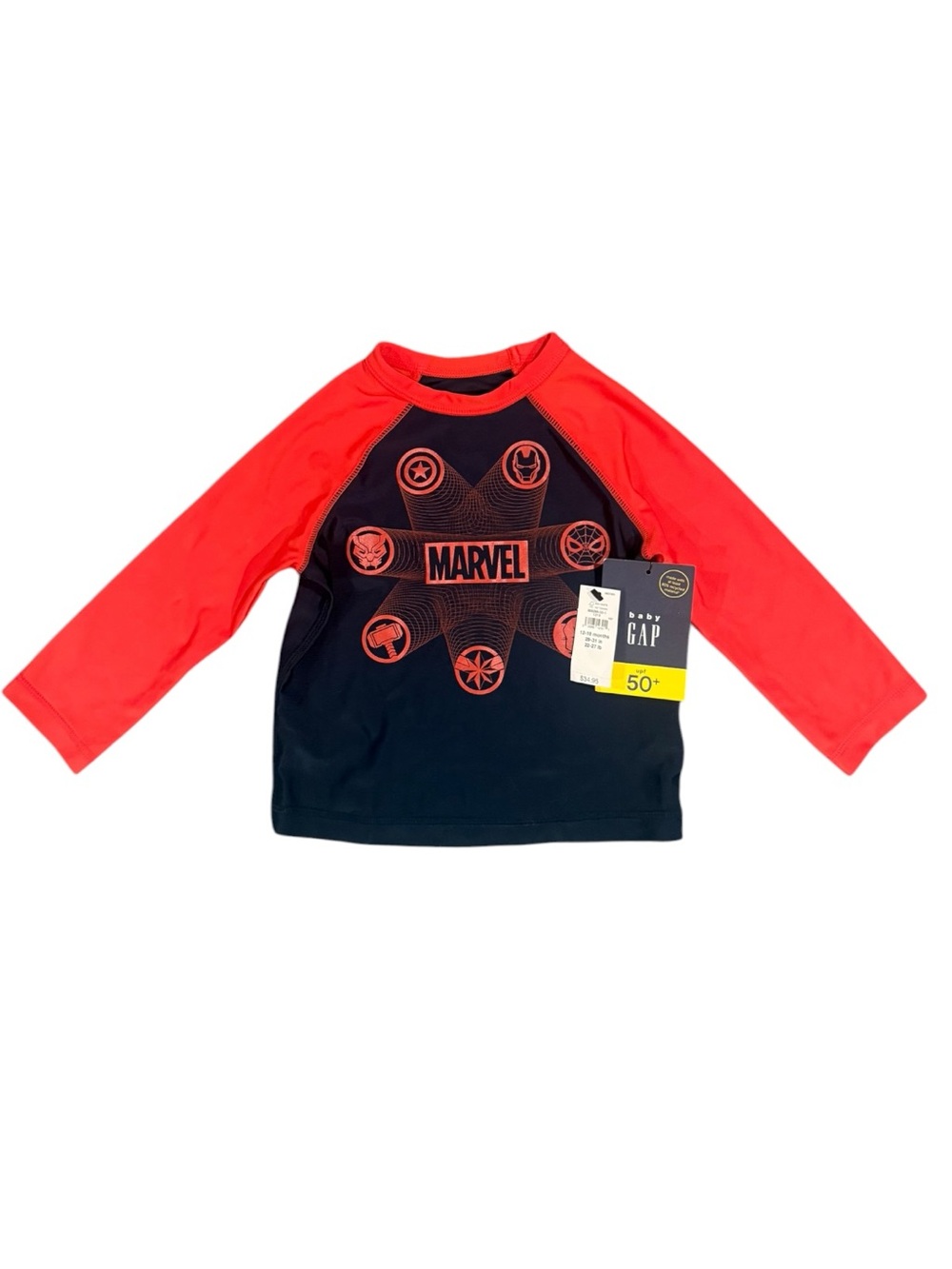 Baby Gap Boys Marvel Rash Guard Swim Shirt Long Sleeve UPF50+ Pool, Size 12-18 M